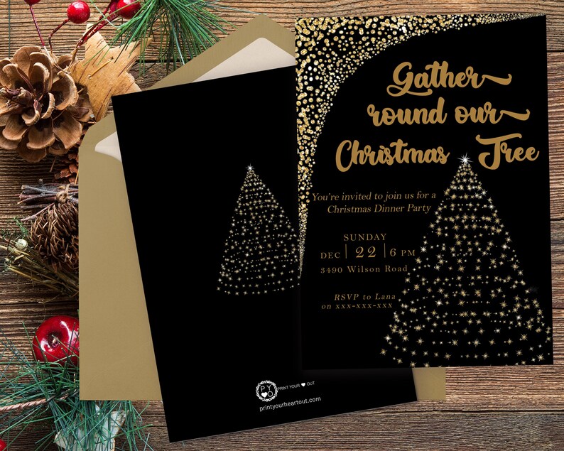 May include: Black Christmas invitation with gold glitter accents. The invitation reads "Gather round our Christmas Tree" and includes details for a Christmas Dinner Party. The back of the invitation features a gold star tree design.