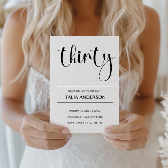 Elegant 30th Birthday Invitation - Minimalist Black White Bold Type Text –  (Editable Template)