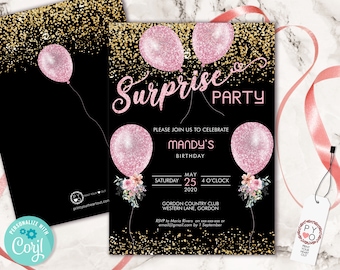 Surprise Party Birthday Pink Gold Glitter Balloons Invitation, Printable Template,  Editable Birthday Party Invitation for Women, DIY Party