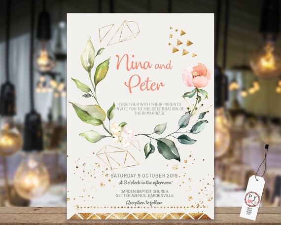 Peach Gold Geometric Floral Wedding Invitation, Cream Rose Invitation, Watercolor Apricot Invitation, Printable Gold, Editable Template