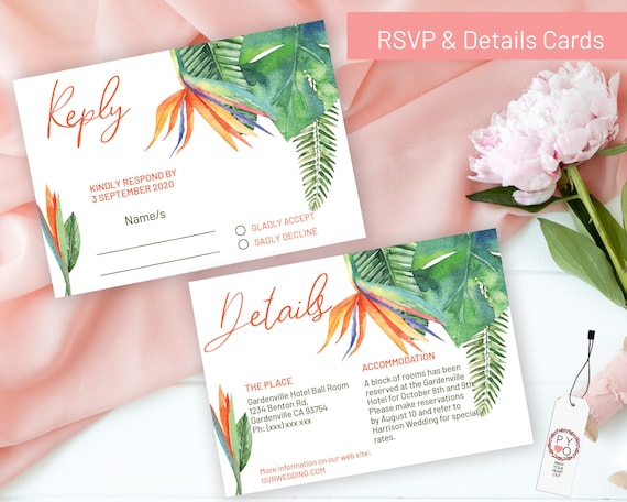 Bird of Paradise Wedding Reply Details, Tropical Theme RSVP, Rehearsal Reply, Watercolor Hawaii Cards, Printable, Editable Details Template