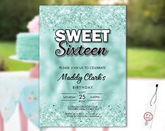 Glitter Aqua Sweet 16-uitnodiging: blauwgroene ballonuitnodiging (afdrukbare sjabloon)