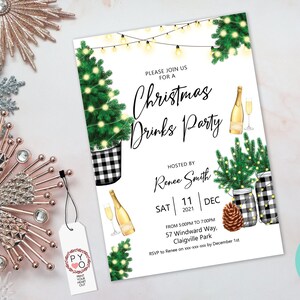 May include: A Christmas Drinks Party invitation with festive illustrations. The invitation features a Christmas tree, champagne, and string lights. The text includes the party details, host's name, date, and location. Decorative snowflakes and ornaments surround the invitation.