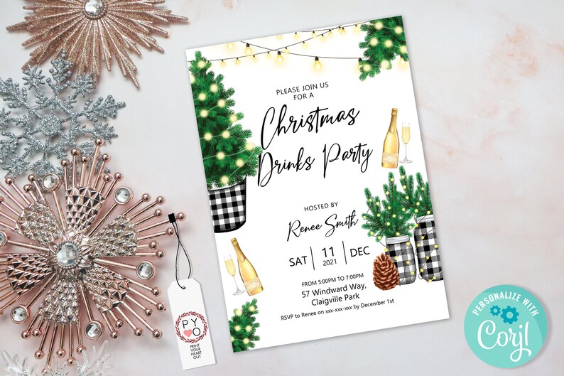 May include: A Christmas Drinks Party invitation with festive illustrations. The invitation features a Christmas tree, champagne, and string lights. The text includes the party details, host's name, date, and location. Decorative snowflakes and ornaments surround the invitation.
