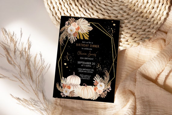 Fall White Pumpkins Pampas Grass Black Birthday Invitation,  Autumn Palm Leaves Invitation, Printable Dinner Party, Editable Template  Women