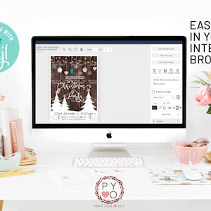 May include: A computer screen displaying a Christmas party invitation template with a rustic wood background, white Christmas trees, and pink and blue ornaments. The text on the invitation reads "You are invited to our annual Christmas Party". The invitation is being edited in a web browser with a toolbar on the right side of the screen. The text "EASILY EDIT IN YOUR INTERNET BROWSER" is displayed above the computer screen.