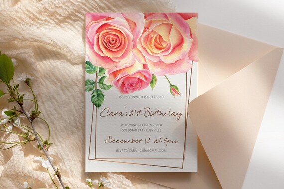 Big Pink Roses Watercolor Flower Birthday Invitation Printable Template, Any Age Designer Pretty Rosegold Editable Invite Women Floral Card