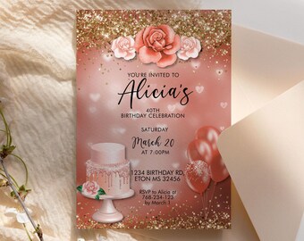 Coral Blumen Geburtstagseinladung: Pfirsich, Gold Glitzer-Kuchen (druckbare Vorlage, 130x220, doppelseitig)