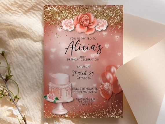 Any Age Birthday Coral Orange Peach Gold Glitter Cake Balloons Invitation Printable Template, Editable Floral Invitation Women, Roses