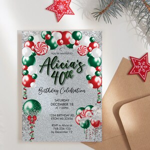 May include: A festive invitation for Alicia's 40th birthday celebration. The design features a silver glitter background with red, green, and white balloons and candy accents. The invitation includes the date, time, and RSVP information.