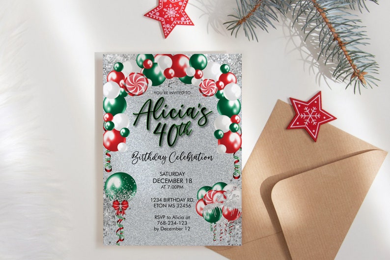 May include: A festive invitation for Alicia's 40th birthday celebration. The design features a silver glitter background with red, green, and white balloons and candy accents. The invitation includes the date, time, and RSVP information.