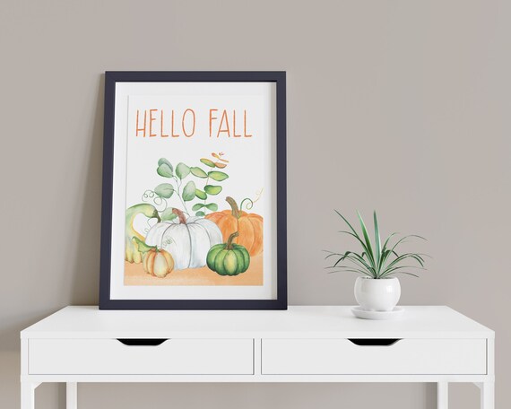 Hello Fall Orange Green Pumpkin Digital Print | Printable Autumn Art | Fall Art | DIY Wall Art | Kitchen Wall Decor | Instant Download