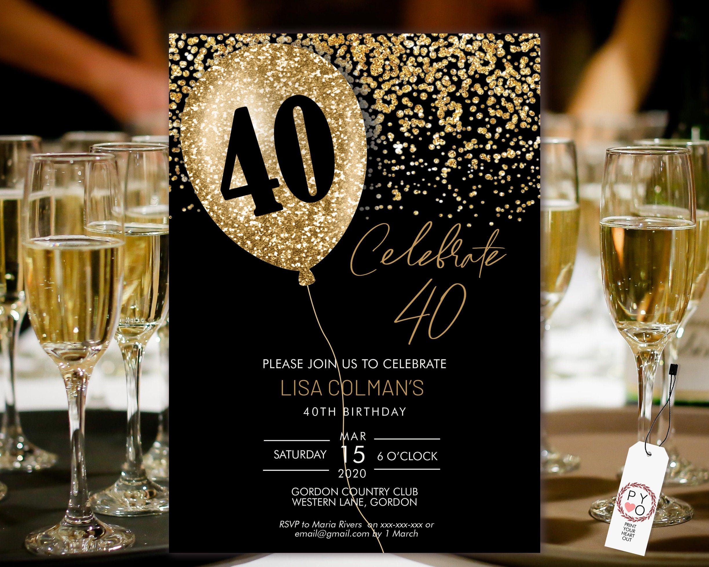 diy 40th birthday balloon invitation printable template, black