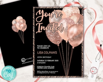 Rose Gold Birthday Balloons Invitation Printable Template, Black Gold Glitter Editable Birthday Party Invitation for Women, Printable Card