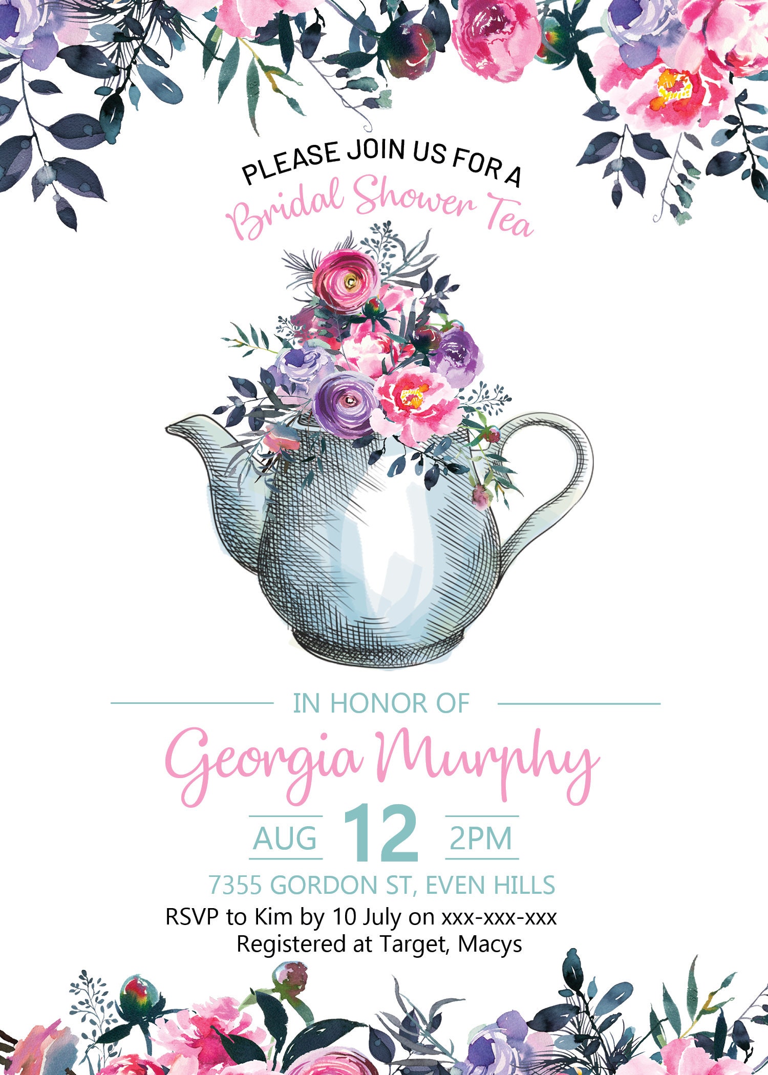 Pink Tea Party Floral Bridal Shower Invitation, High Tea Shower Invitation, Printable Bridal