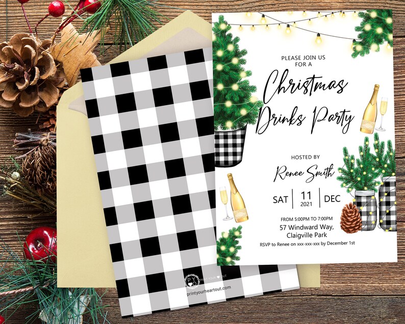 May include: Christmas Drinks Party invitation with a black and white buffalo check pattern on the back. The front features a Christmas tree illustration, champagne bottles, and the party details. The invitation is on a wooden background.