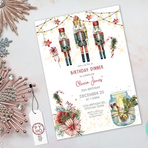 May include: A rectangular birthday dinner invitation card featuring watercolor illustrations of three nutcrackers, string lights, candy canes, and a mason jar with greenery. The text reads: Join us for a BIRTHDAY DINNER to celebrate Olivia Jones' 35TH BIRTHDAY DECEMBER 20 AT 7:00PM 1234 BIRTHDAY RD., ETON MS 32456 RSVP to Alicia on 768-234-123 by December 1.