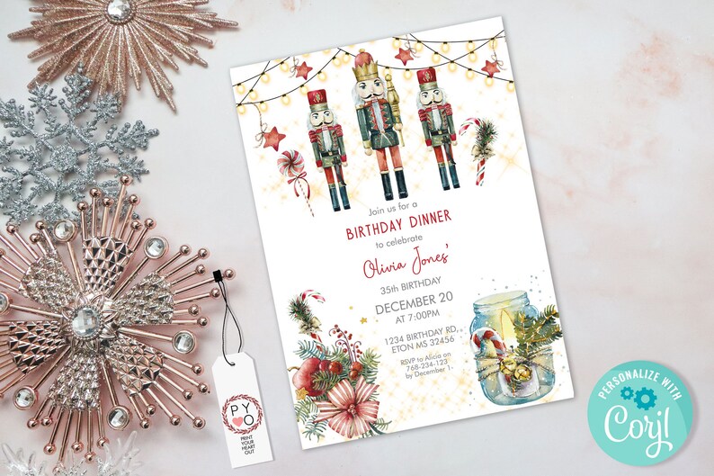 May include: A rectangular birthday dinner invitation card featuring watercolor illustrations of three nutcrackers, string lights, candy canes, and a mason jar with greenery. The text reads: Join us for a BIRTHDAY DINNER to celebrate Olivia Jones' 35TH BIRTHDAY DECEMBER 20 AT 7:00PM 1234 BIRTHDAY RD., ETON MS 32456 RSVP to Alicia on 768-234-123 by December 1.