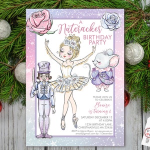 May include: A Nutcracker Birthday Party invitation with illustrations of a ballerina, a nutcracker, and a mouse. The invitation has a lavender border with stars and roses. The text includes the party details: date, time, and location.
