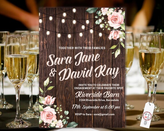 Rustic Roses Engagement Invitation, Party Lights invitation, Woodfence invitation, Rustic Blush Flowers, Boho Pink Floral Wedding Invite