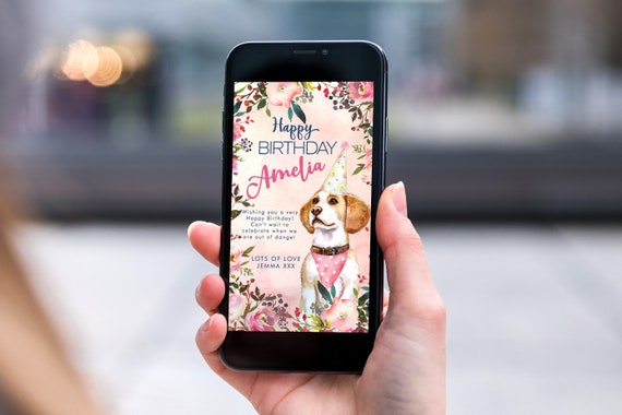 Beagle Dog Pink Floral Electronic Birthday, Smartphone SMS Editable template,EcoFriendly, Electronic Puppy Pet  eCard Birthday Greeting