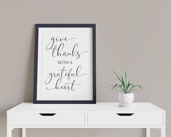 Give Thanks Grateful Heart Black and White Digital Print | Printable Phrase Autumn Art | Thanksgiving Art | DIY Wall Art | Instant Download
