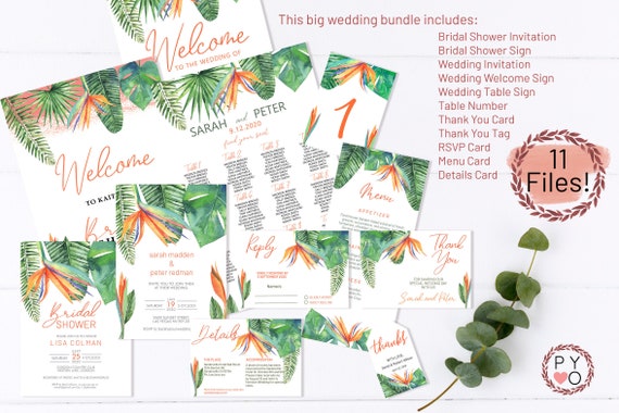 Bird of Paradise Wedding Invitation Bundle, Botanical Wedding, Thank You Tag, Tropical Wedding Menu, Editable Orange Table Numbers, Welcome