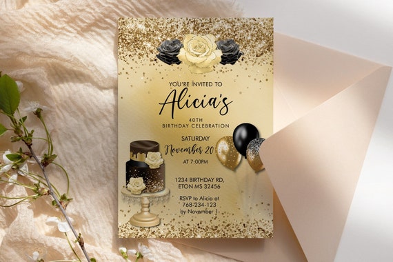 Any Age Birthday Black Gold Glitter Cake Balloons Invitation Printable Template, Editable Floral Dinner for Women,  Yellow Cream Roses