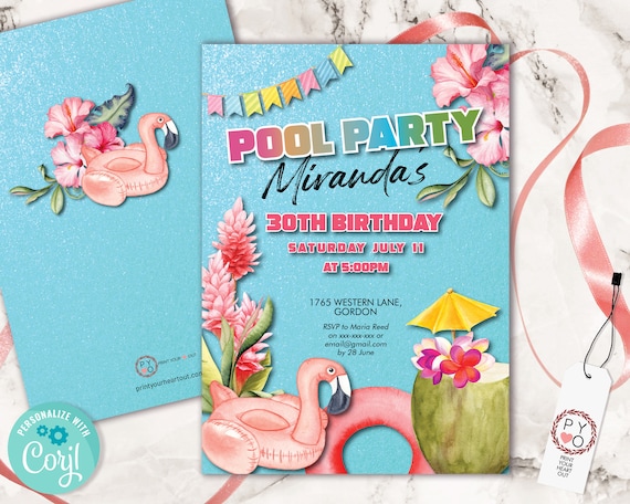 Pool Party Birthday Invitation Printable Template, Summer BBQ Editable Birthday Invitation for Women, Printable Flamingo Float Invitation