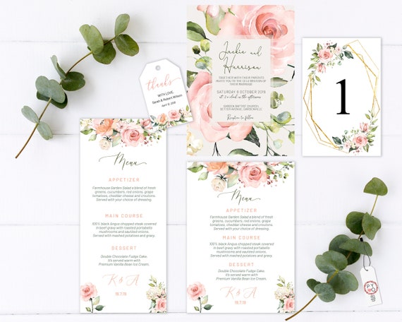 Blush Rose Wedding Invitation Bundle, Pink Wedding, Thank You Tag, Romantic Rose Wedding Menu, Blush Menu, Editable Gold Pink Table Numbers