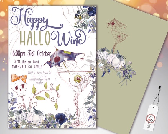 Halloween Wine Party Invitation, White Pumpkin, Fright Night (Printable Template)