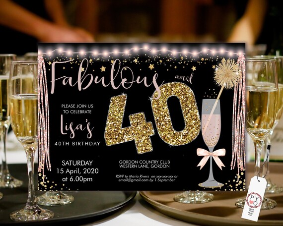 Pink Champagne 40 Birthday Invitation Printable Template, Sparkle Horizontal Birthday Party Invitation Women, Printable gold lights Invite