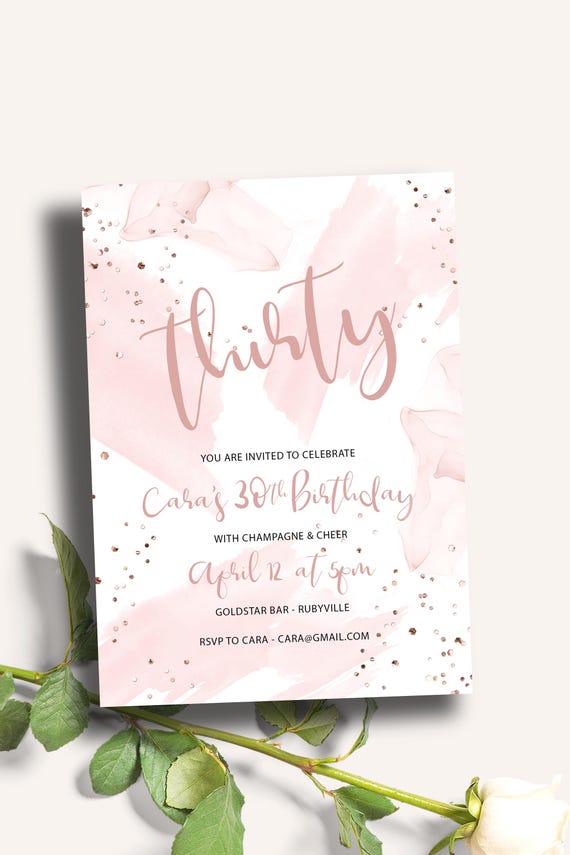 Rose Gold Glitter Birthday Invitation | Blush Pink Party Printable Template | Inkblot Abstract Feminine Invite for Women