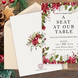 K&ouml;nnte beinhalten: Eine wei&szlig;e Einladungskarte f&uuml;r eine Weihnachtsfeier mit einem Aquarellrand aus roten Weihnachtssternen, gr&uuml;nen Stechpalmenbl&auml;ttern und Beeren. Der Text lautet: we've reserved A SEAT AT OUR TABLE, Join us for a Christmas Dinner Party, SUNDAY DEC 22 6 PM, 3490 Wilson Road, RSVP to Lana on xxx-xxx-xxx.