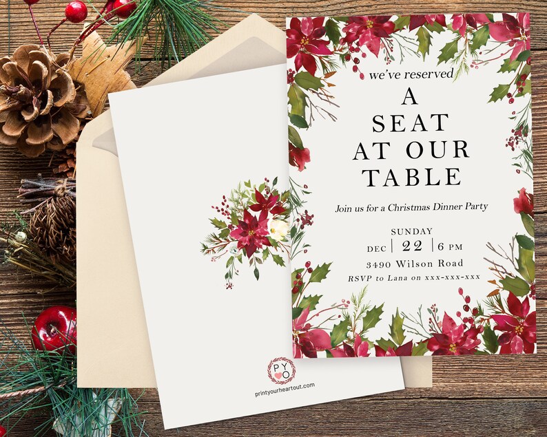 K&ouml;nnte beinhalten: Eine wei&szlig;e Einladungskarte f&uuml;r eine Weihnachtsfeier mit einem Aquarellrand aus roten Weihnachtssternen, gr&uuml;nen Stechpalmenbl&auml;ttern und Beeren. Der Text lautet: we've reserved A SEAT AT OUR TABLE, Join us for a Christmas Dinner Party, SUNDAY DEC 22 6 PM, 3490 Wilson Road, RSVP to Lana on xxx-xxx-xxx.