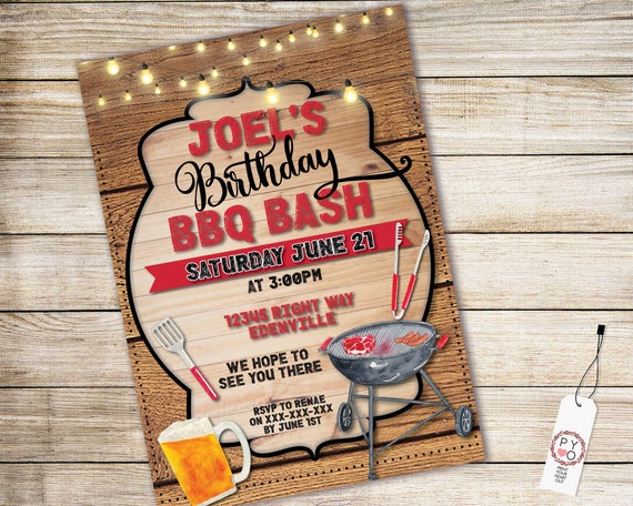 Backyard BBQ Birthday Bash Invitation Printable Template, Wood Grill Out Lights Editable Party Invite, Printable Card, Chalk Text Barbecue