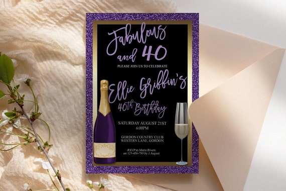 Any Age Purple Gold Birthday Champagne Glass Invitation Printable Template, Lavender Glitter Editable Birthday Dinner Women, Printable Card