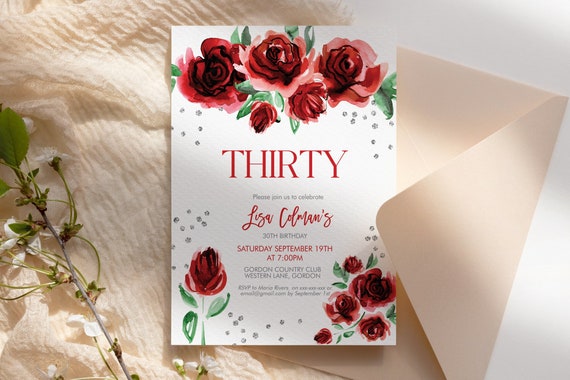 Red Roses Diamonds Flowers Invitation Printable Template, Watercolor Editable Birthday Party Invitation for Women, Bright Red Floral Invite