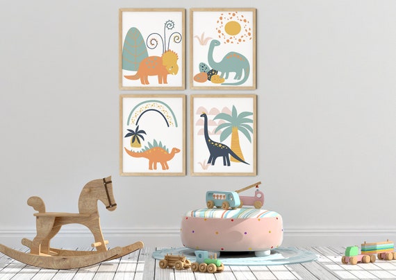 Modern Boys Dinosaur Art Print Set | Printable Nursery Art | TreesYellow Kids Room | Baby Room Wall | Boy Nursery Decor | Set 4 Prints