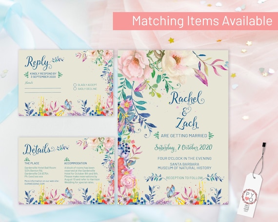 Bright Floral Wedding Invitation Set, Jewel Color Theme Suite, Rehearsal Invitation, Watercolor Invitation, Printable, Editable Template