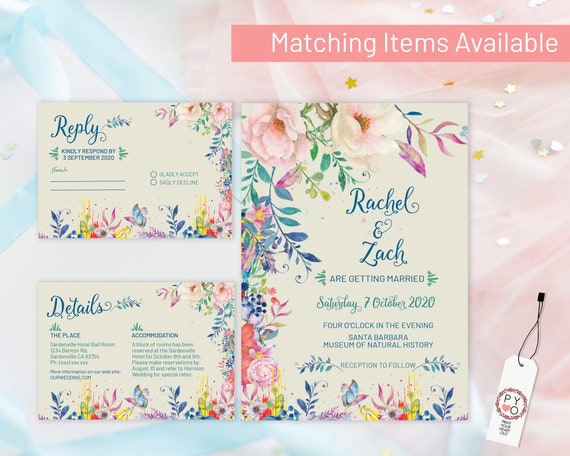 Bright Floral Wedding Invitation Set, Jewel Color Theme Suite, Rehearsal Invitation, Watercolor Invitation, Printable, Editable Template