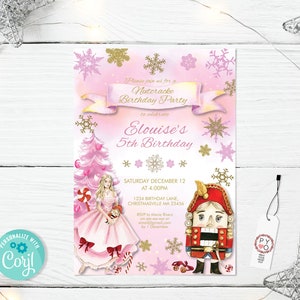 Op de afbeelding: Een roze uitnodiging voor een verjaardagsfeestje met een Notenkraker-thema en een aquarelontwerp. De uitnodiging toont een ballerina, een notenkraker, sneeuwvlokken en de tekst "Elouise's 5th Birthday". Bevat evenementdetails en een "Personalize with Corjl" knop.