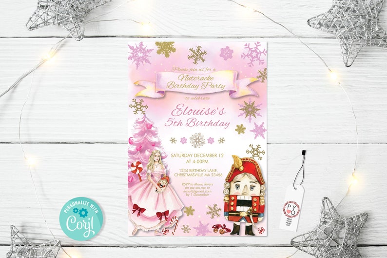 Op de afbeelding: Een roze uitnodiging voor een verjaardagsfeestje met een Notenkraker-thema en een aquarelontwerp. De uitnodiging toont een ballerina, een notenkraker, sneeuwvlokken en de tekst "Elouise's 5th Birthday". Bevat evenementdetails en een "Personalize with Corjl" knop.