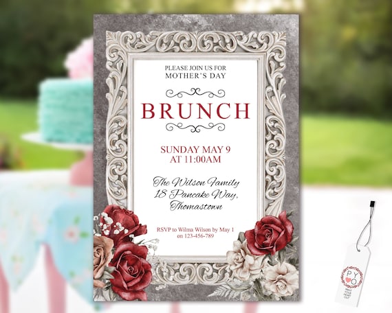 Mother's Day Brunch Red Rose Floral Invitation Printable Template, Ivory Grey Editable Dinner Invite for Mom, Printable Cream Flowers