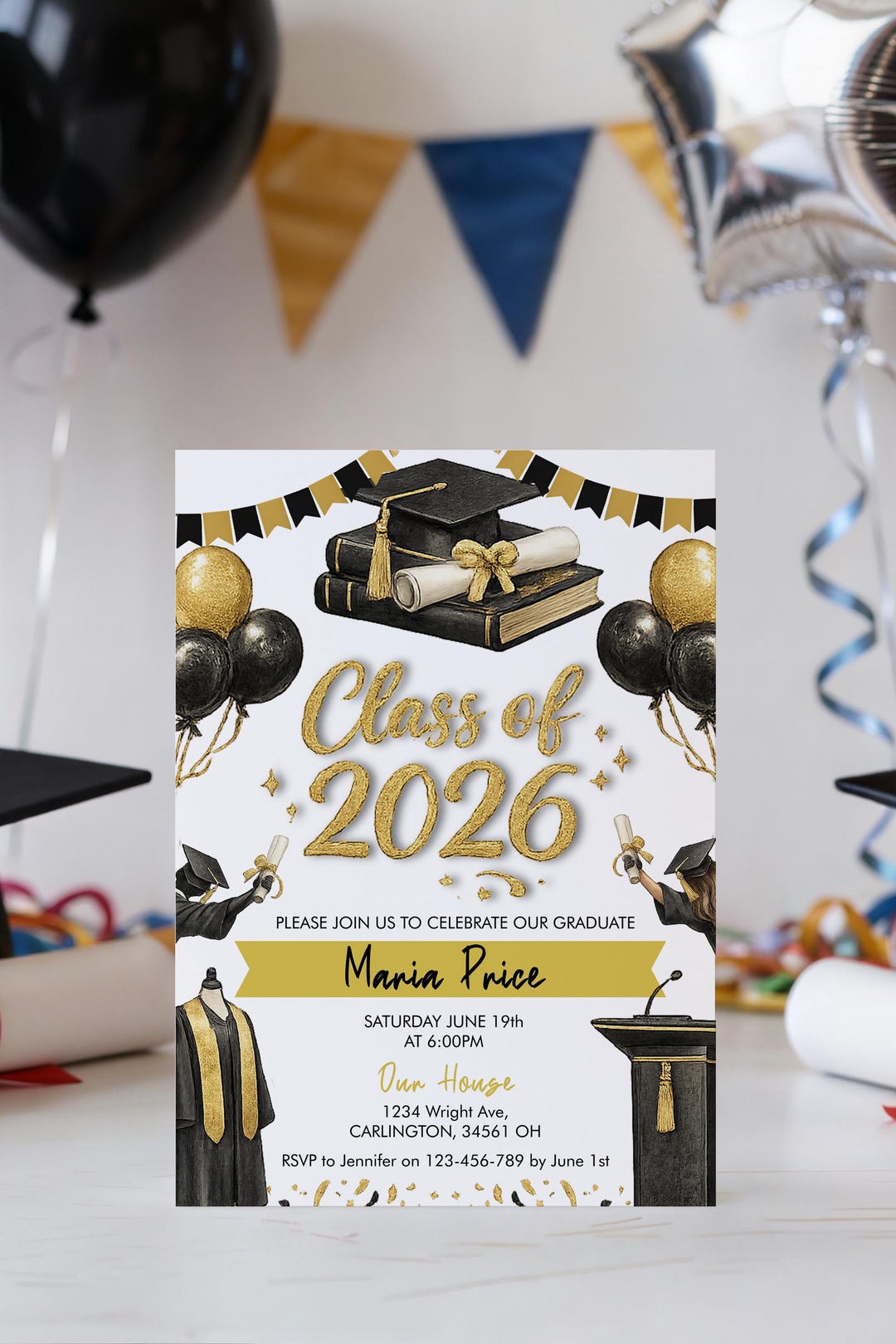 Class of 2026 Graduation Invitation, Black Gold Grad Party Template ...