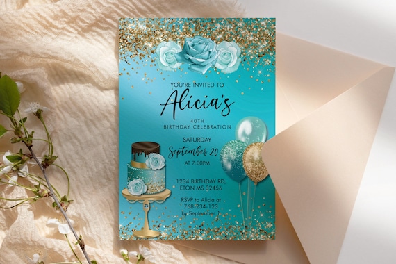 Any Age Birthday Aqua Turquoise Gold Glitter Cake Balloons Invitation Printable Template, Blue Editable Floral Women,  Gold Dinner Roses