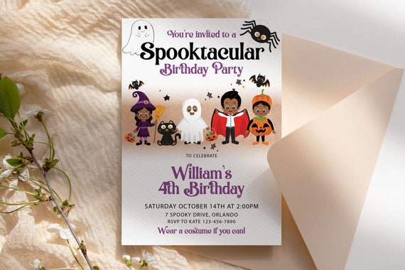 Halloween Cute Costumes Kids Birthday Invitation Template, Black Spider Ghost Bat Party Invite, Printable Spooky Fright Night Spooktacular