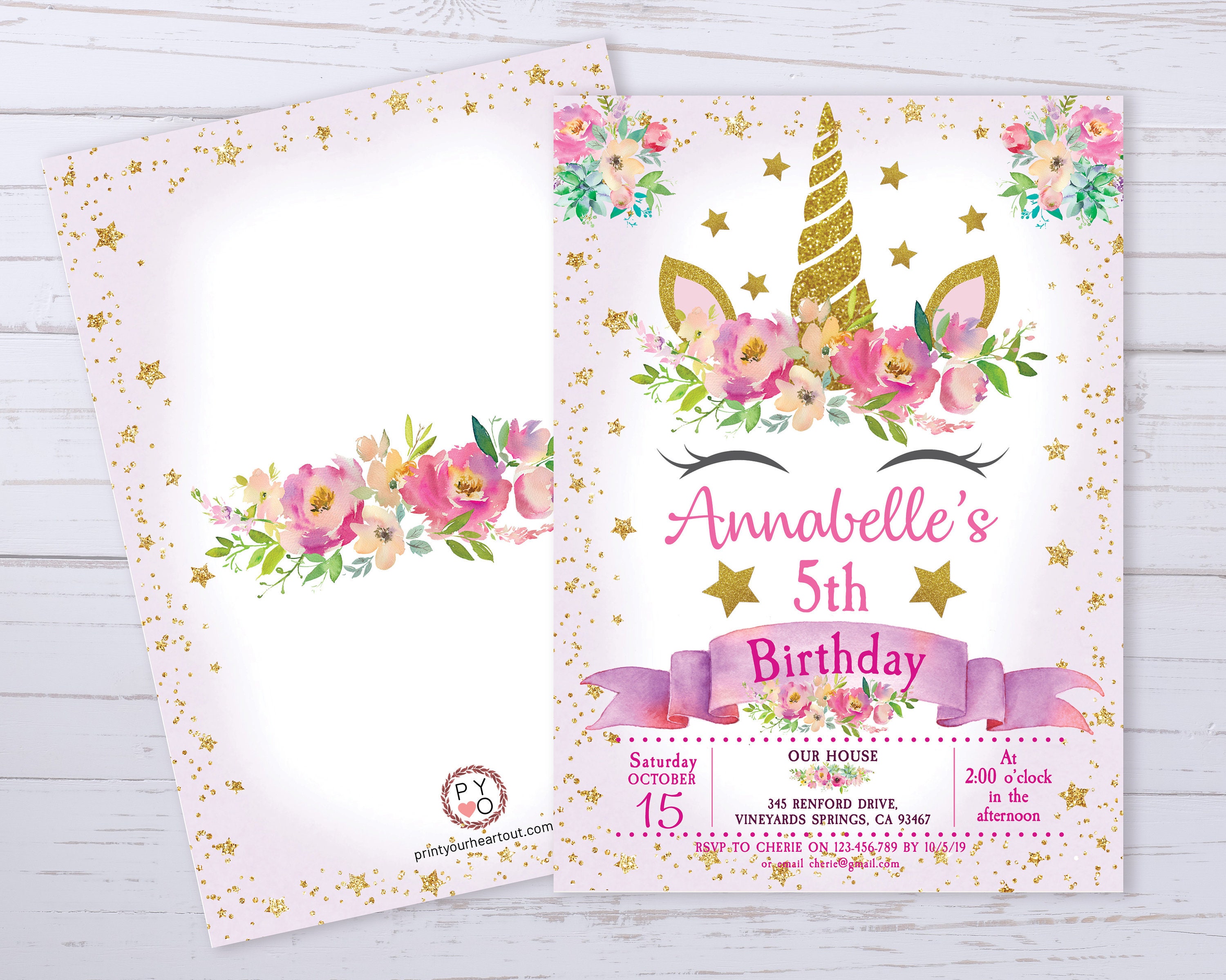 gold unicorn floral birthday invitation printable template