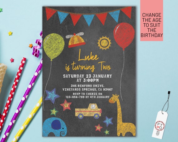 Chalkboard Bright Birthday Invitation Printable Template, Editable Invitation, Any Age Birthday, Bright Balloons Party, Boys Age Birthday