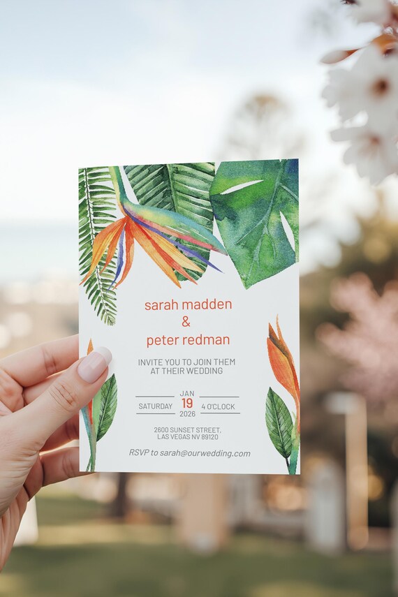 Bird of Paradise Wedding Invitation: Modern Leaf Design (DIY Printable)